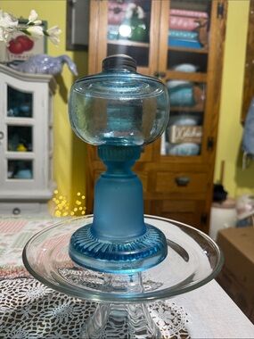 Antique frosted blue glass oil lamp base RARE